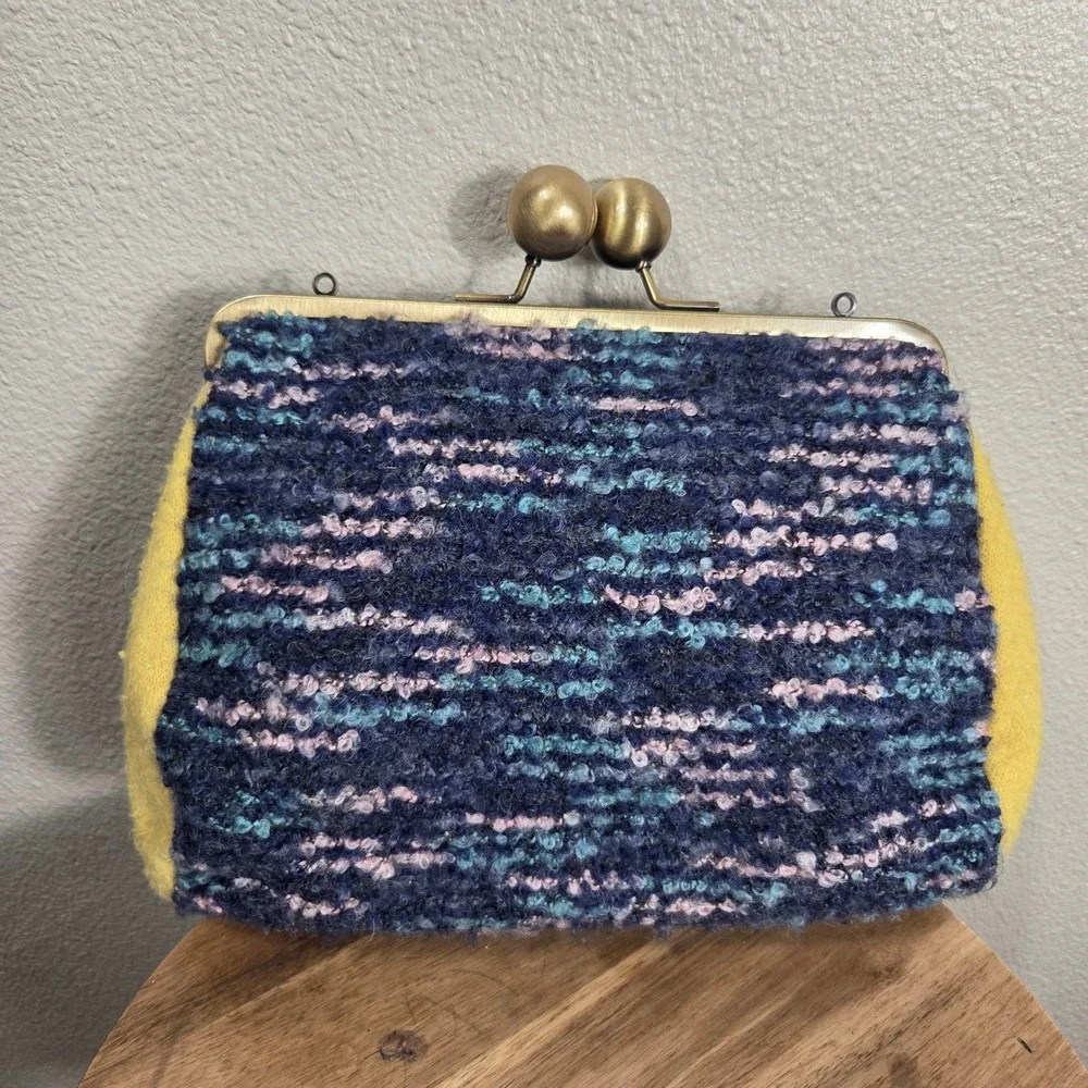 Textured Bouclé Kisslock Frame Clutch Bag Navy Mustard Pink Vintage Style